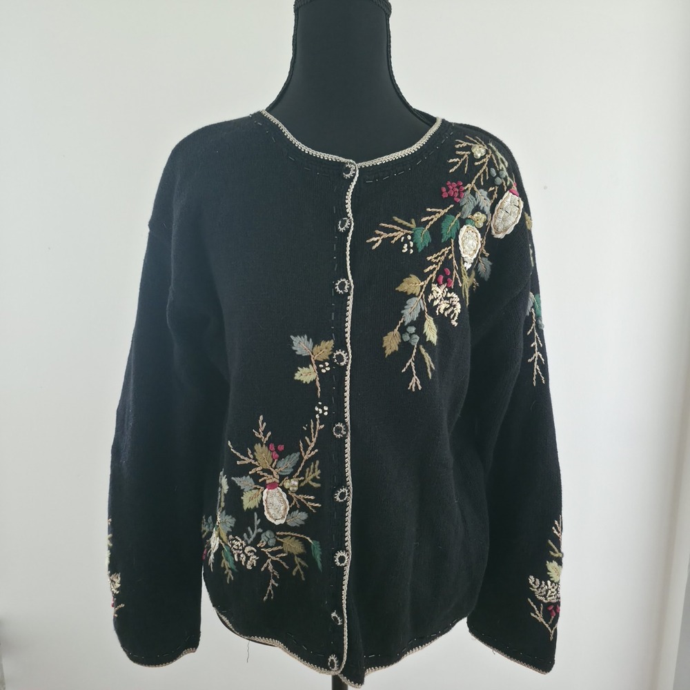 Vtg Heirloom Collectibles Cardigan Sweater Black Embroidered Floral Beaded Sz XL